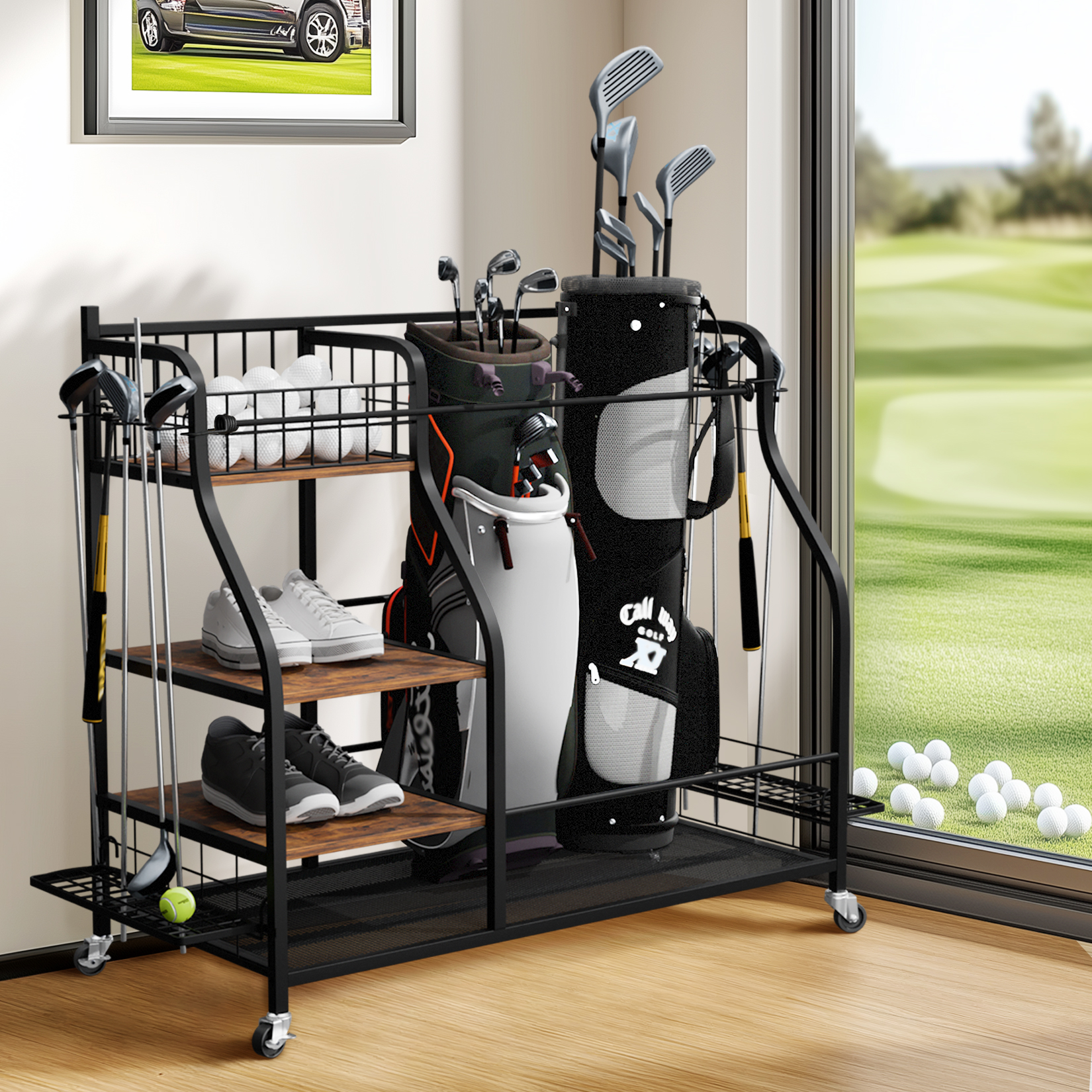 Golf Equipment Garage Organizer - Rolling Golf Storage Rack Garage Organizer