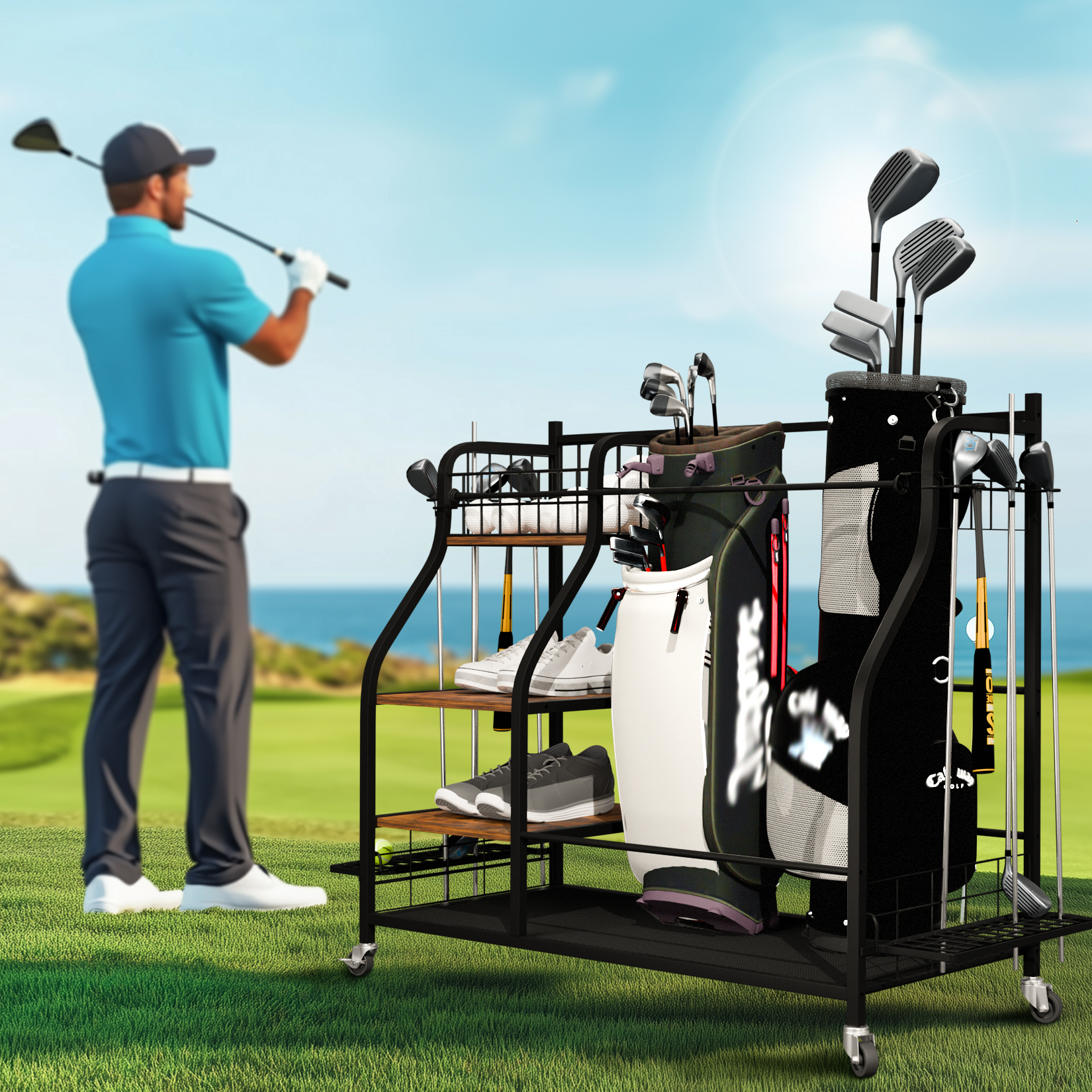 Rolling Golf Storage Rack Gara - Golf Equipment Garage Organizer 评论和价格
